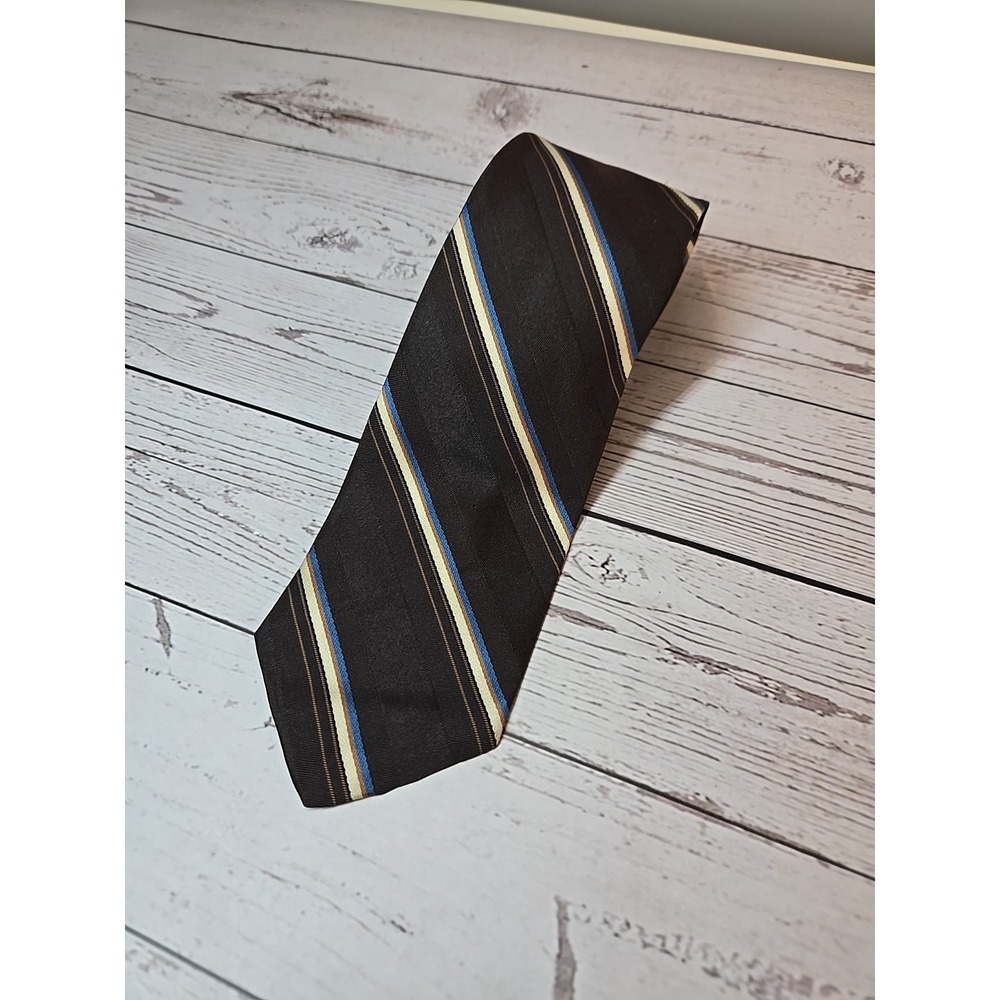 VTG Sears The Mens Store Polyester Brown Tie w Tan / Blue Stripes 70s - 56" x 3"